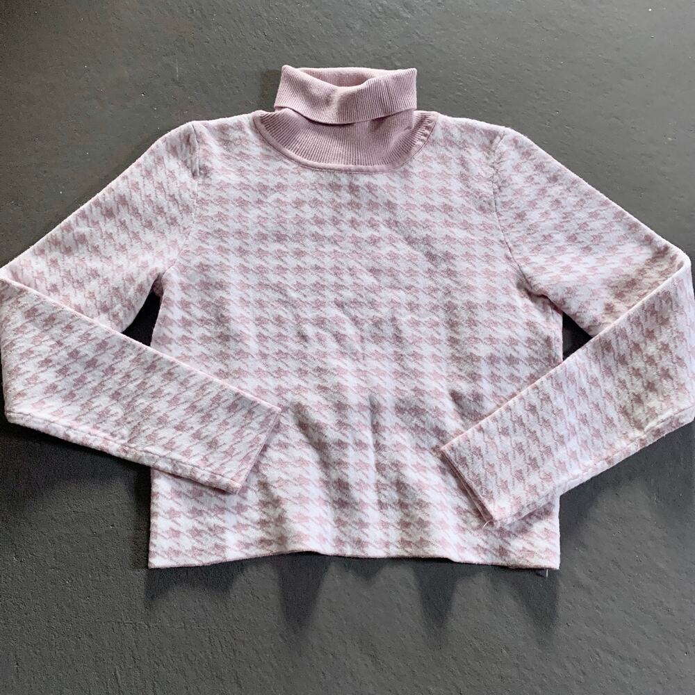 Coco and Shay Houndstooth Pink White Turtleneck Sweater Cut Out Back XS